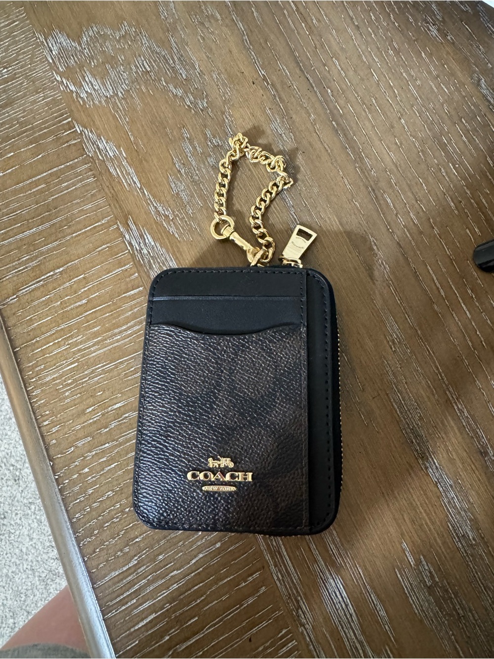 Coach Brown Signature & Black Leather Card Holder with Gold Chain